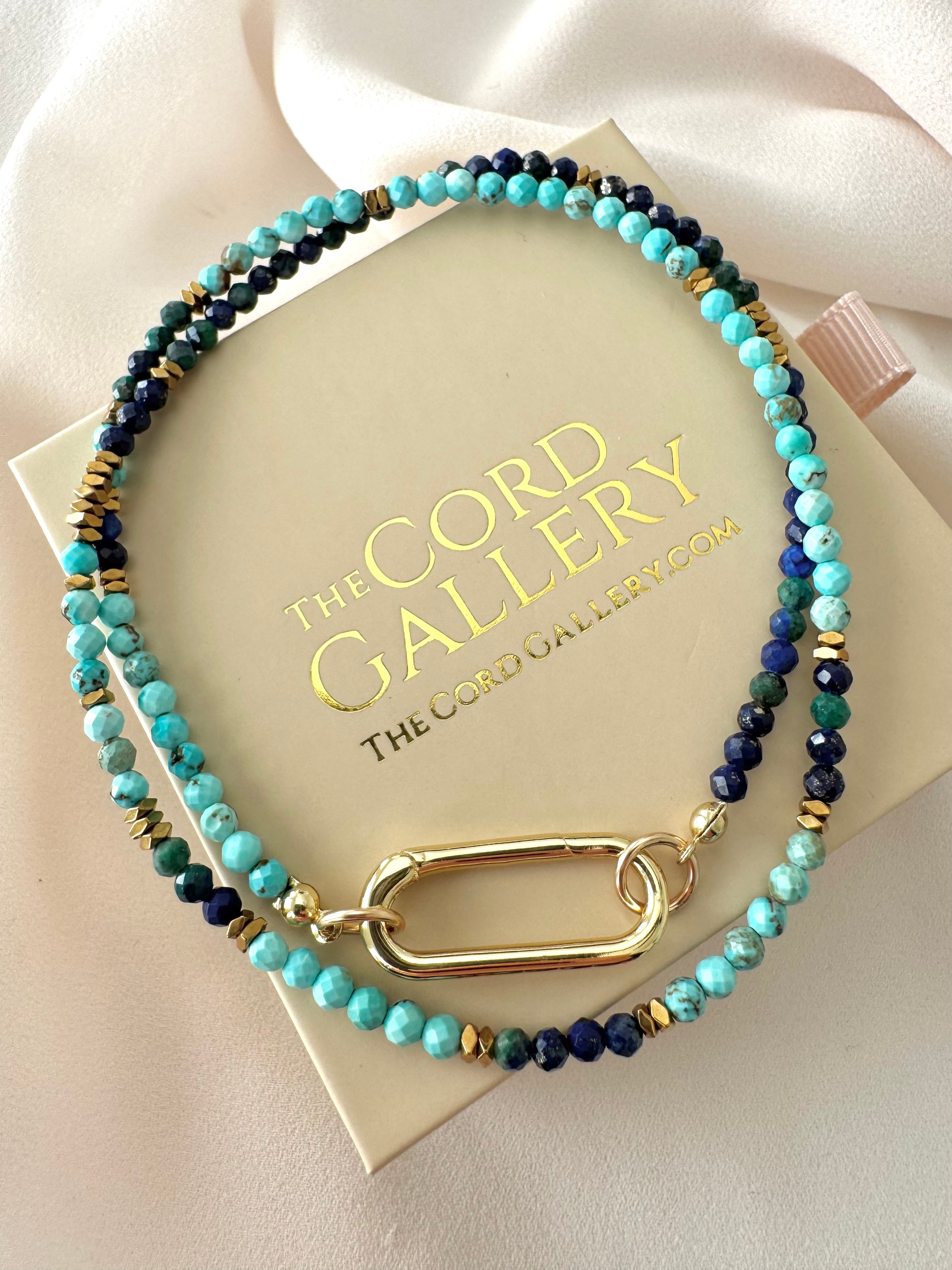 Dainty Beaded Turquoise Lapis Lazuli Malachite Necklace - Gold Filled Charm Clasp Carabiner