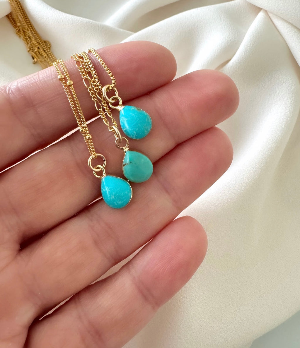 Dainty Turquoise Teardrop Pendant Necklace - Gold Filled Chain - December Birthstone Jewelry