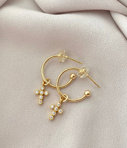 Dainty Gold Filled Cross Earrings Micro Pave Cross Hoops Minimalist Gold Hoop Earrings Cross Dangle Charm Christmas Gift Religious Jewelry