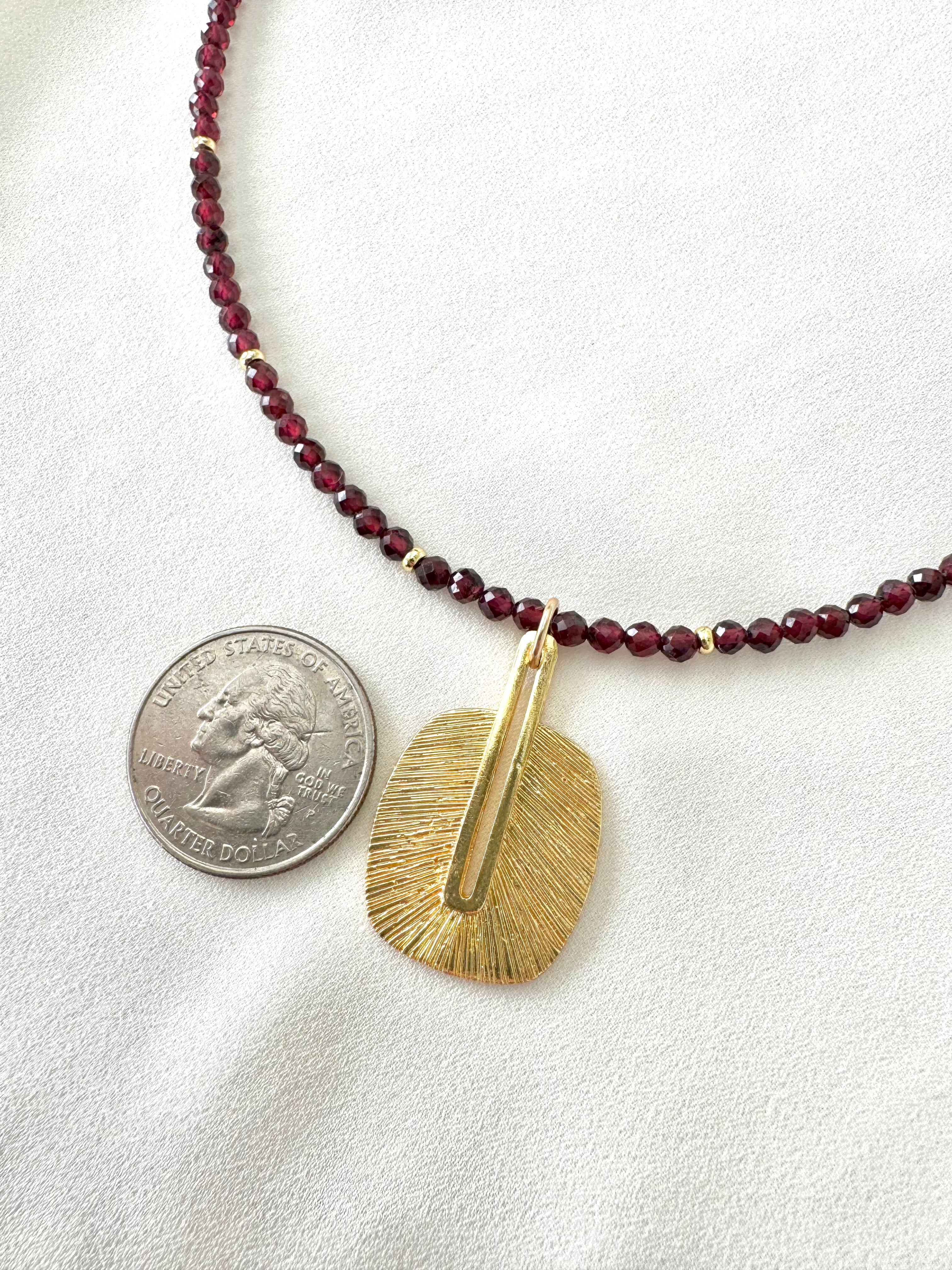 Genuine Garnet Beaded Necklace with Rustic Gold Pendant - January Birthstone