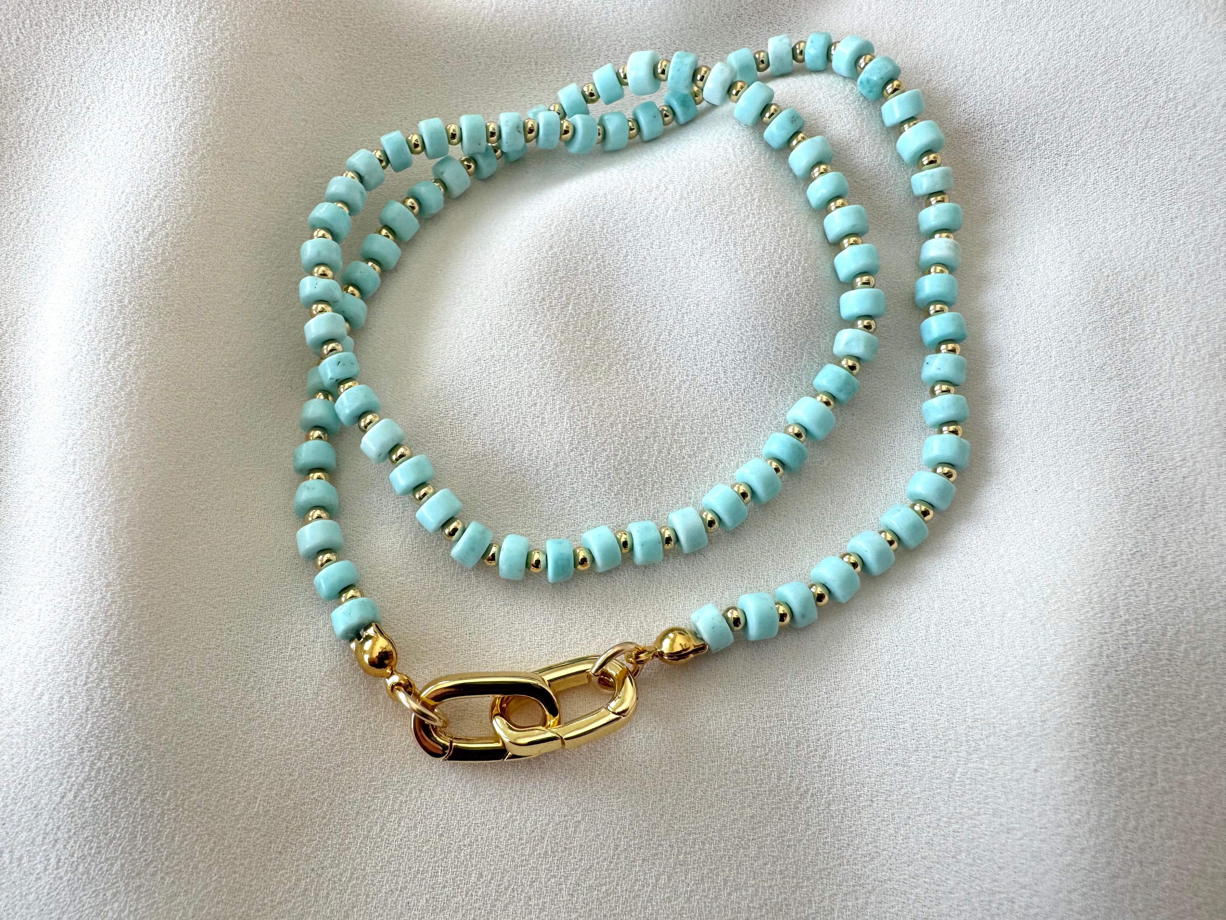 Real Beaded Turquoise Necklace with Large Gold Filled Clasp - December Birthstone