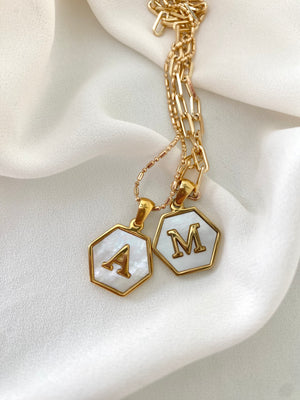 Gold Hexagon Mother of Pearl Letter Pendant Necklace - Gold Filled Chain