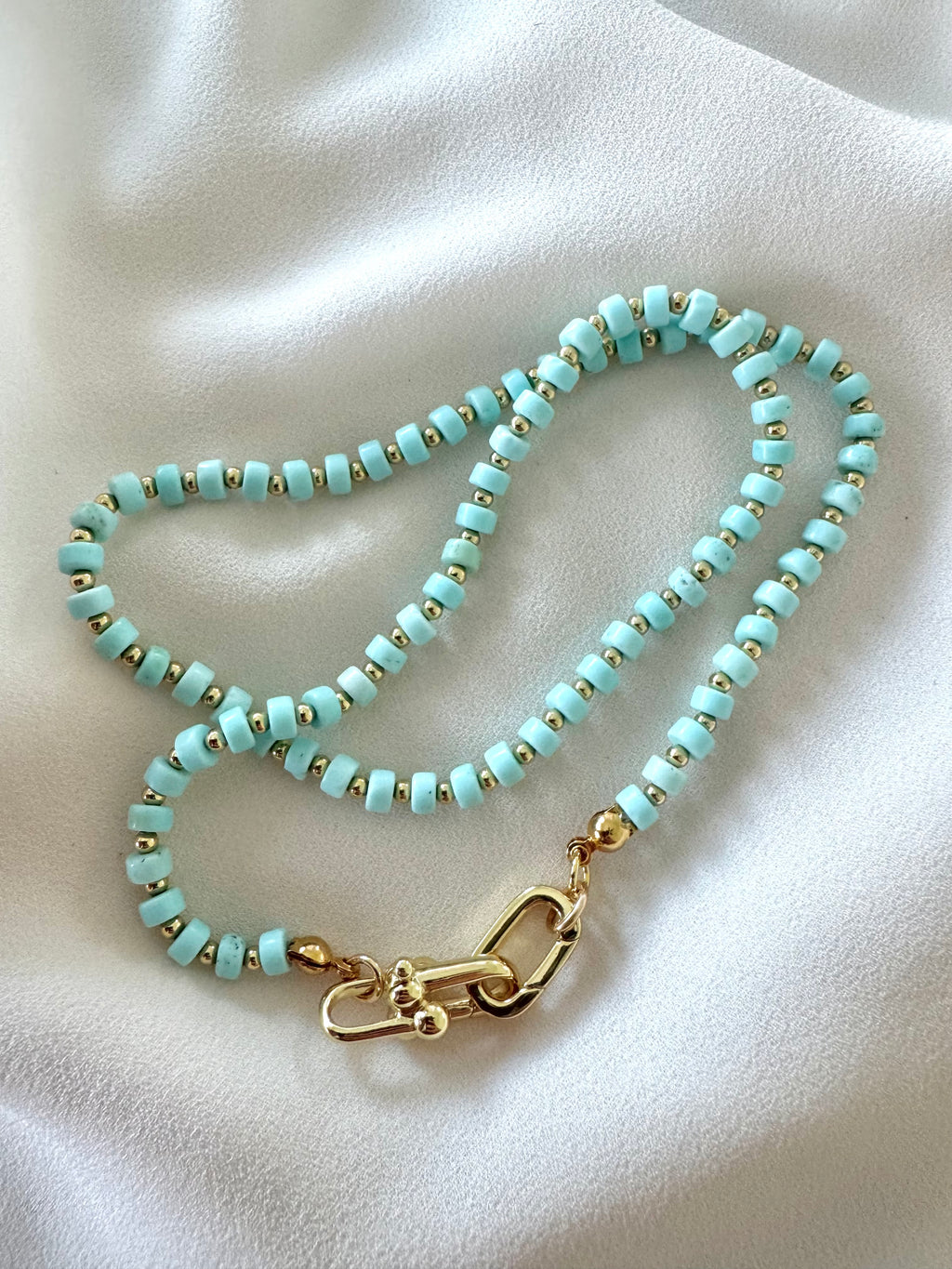 Real Beaded Turquoise Necklace with Large Gold Filled Clasp - December Birthstone