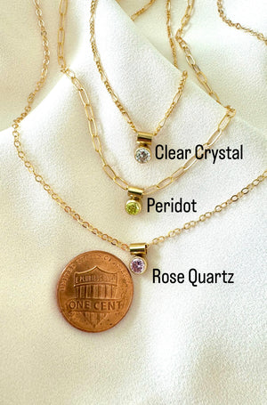 Dainty Gold Filled Birthstone Charm Necklace - Figaro Chain - Box Chain - Peridot August - Rose Quartz October - Crystal April