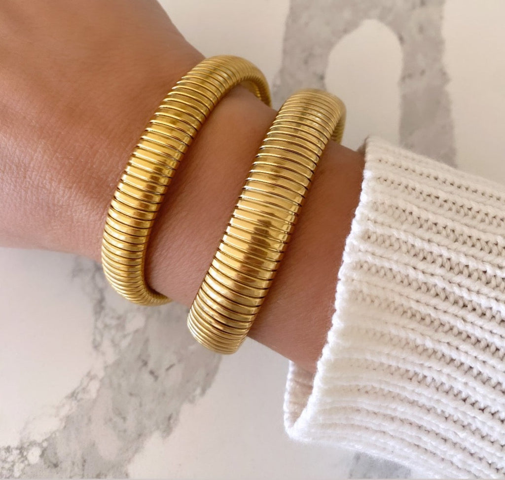 Gold Snake Bangle Bracelets - Ridged Chunky Golden Bracelets - Stainless