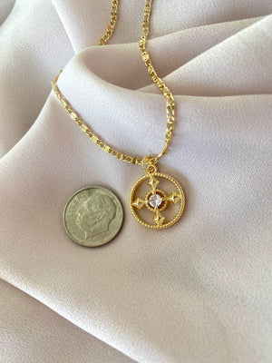 Dainty Gold Filled Medallion Necklace CZ Compass Necklace Travel Lovers Jewelry Wanderlust Charm Circle Necklace Minimalist Jewelry Gifts