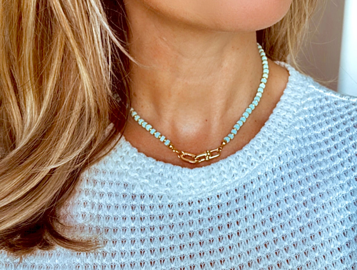 Real Beaded Turquoise Necklace with Large Gold Filled Clasp - December Birthstone