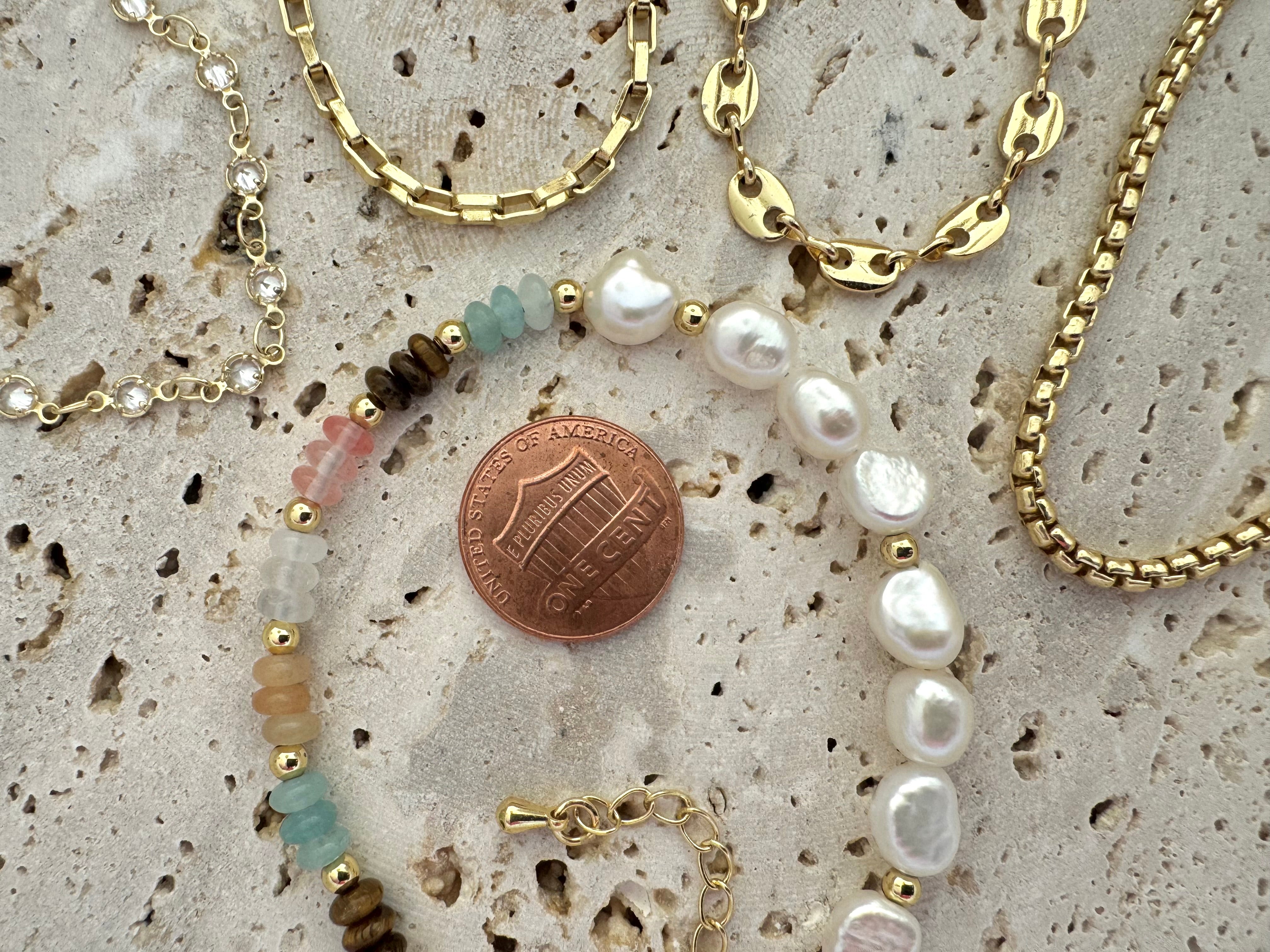 Keshi Pearl + Gemstone Bracelet - Gold Filled Mariner Chain Bracelet - Rolo Bracelet - Paperclip Chain