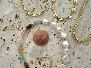 Keshi Pearl + Gemstone Bracelet - Gold Filled Mariner Chain Bracelet - Rolo Bracelet - Paperclip Chain