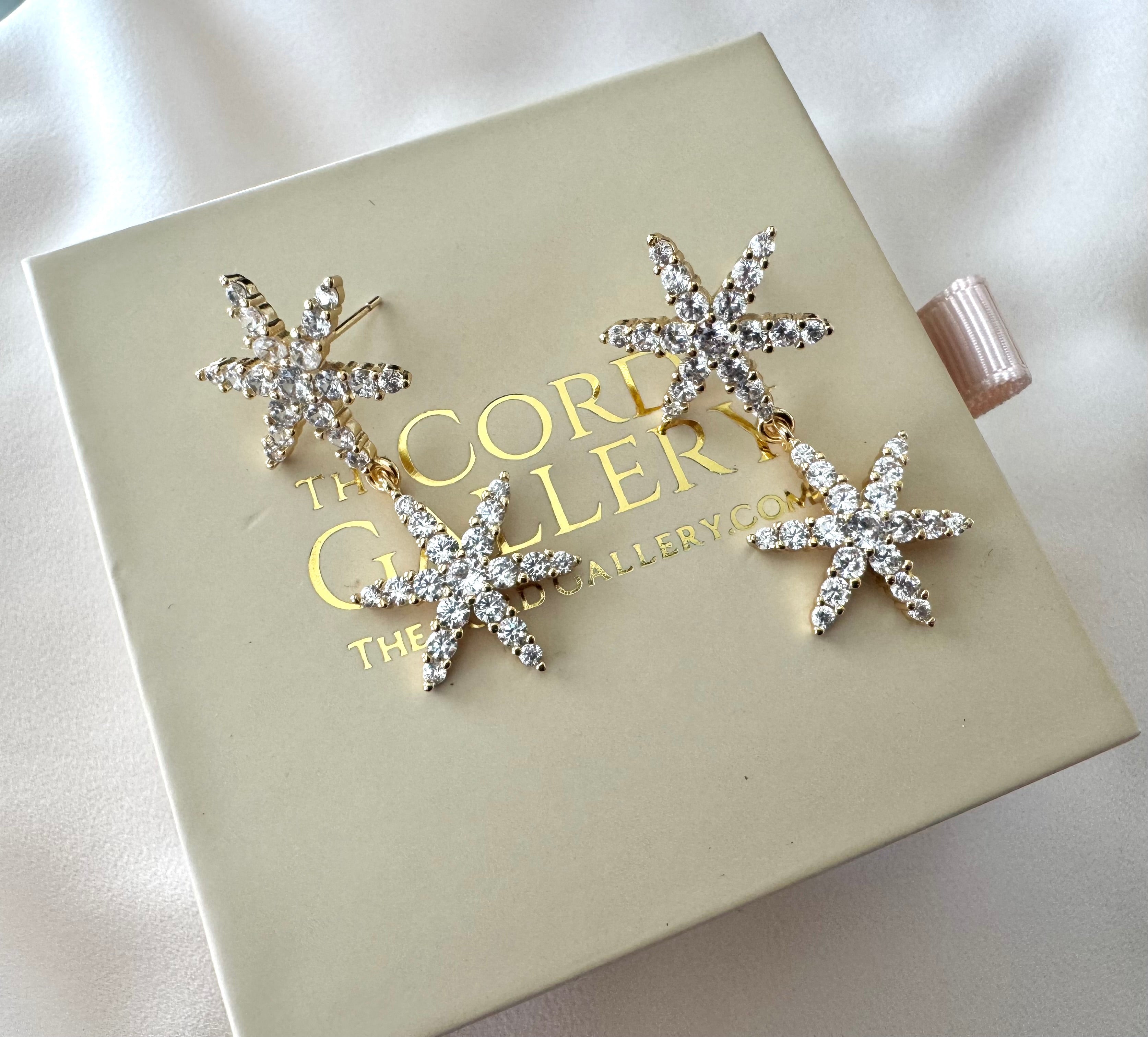 Gold Filled Micro Pave Dangle Drop Star Earrings - Cocktail Party Holiday Jewelry
