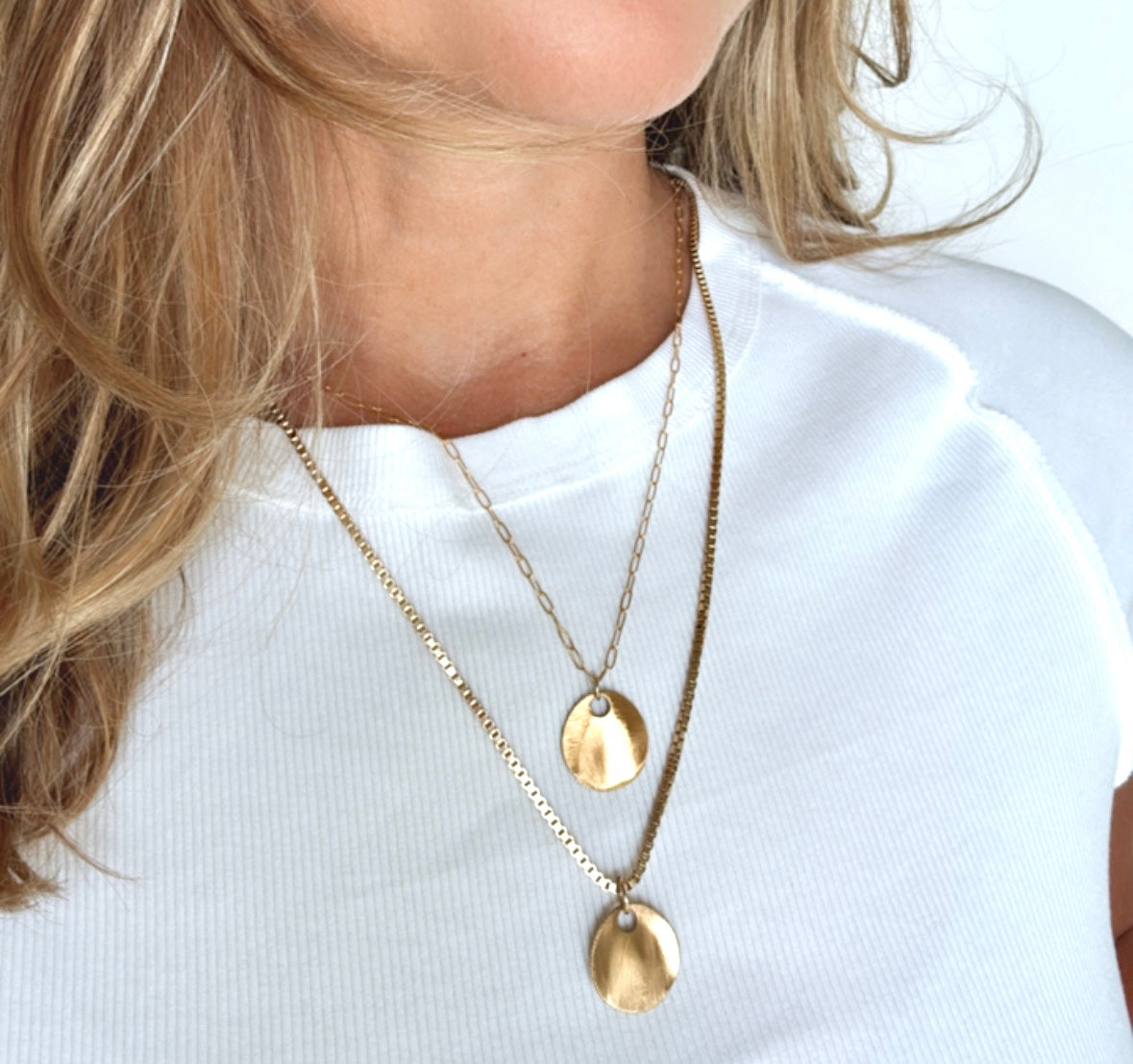 Gold Brushed Wavy Coin Necklace - Box Chain - Figaro Chain - Paperclip Chain