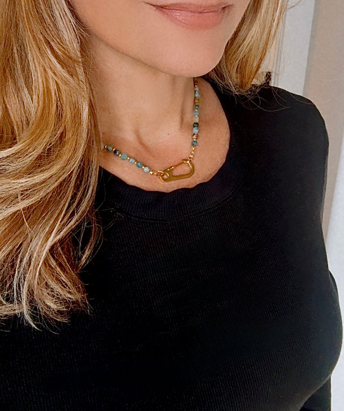 Genuine Moss Agate Beaded Necklace with Large Gold Carabiner Charm Clasp