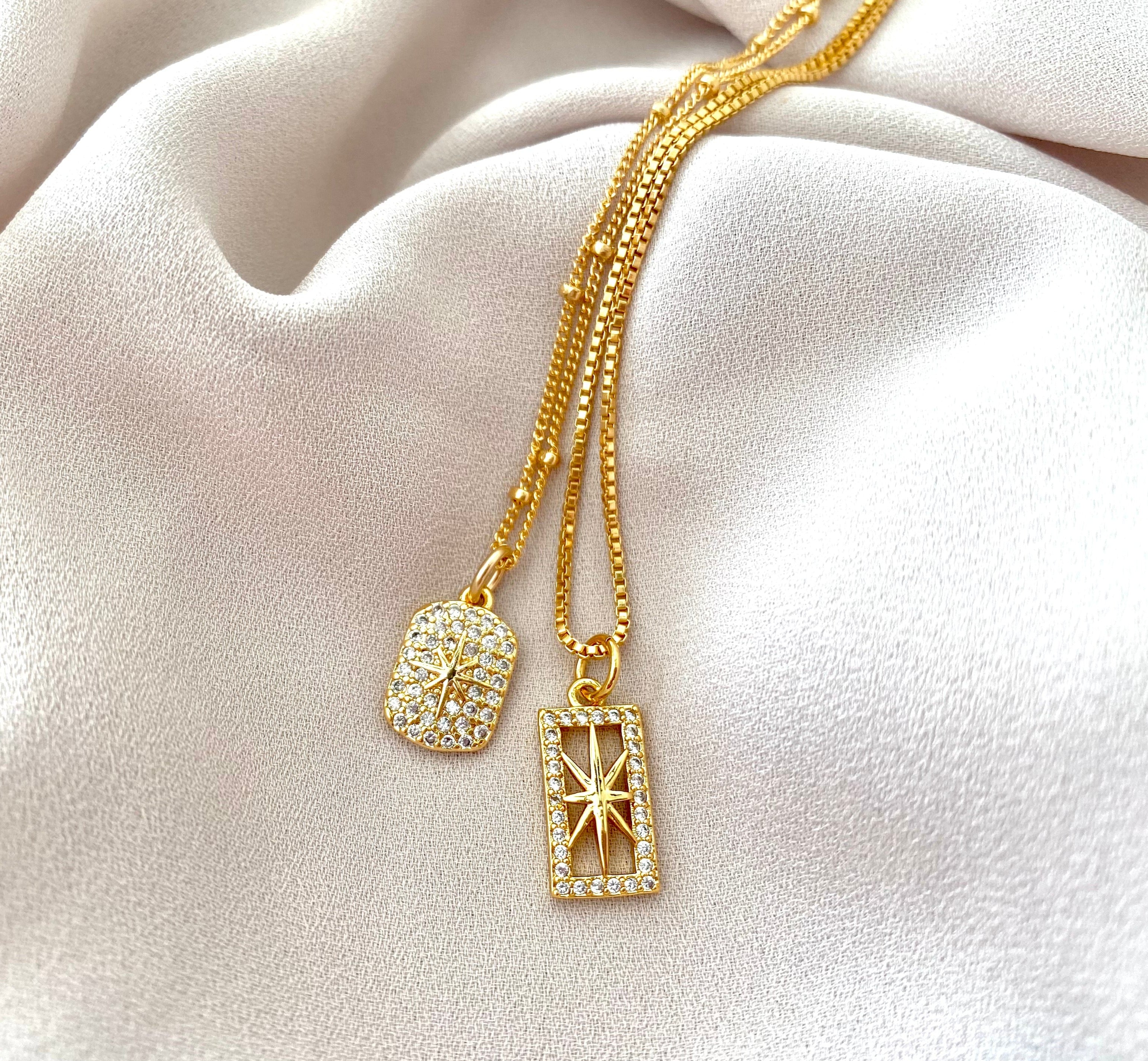 Dainty Gold Filled Star Pendant Necklace Micro Pave Jewelry Minimalist Crystal Necklaces Christmas Gift Rectangle Charm Celestial CZ Pendant