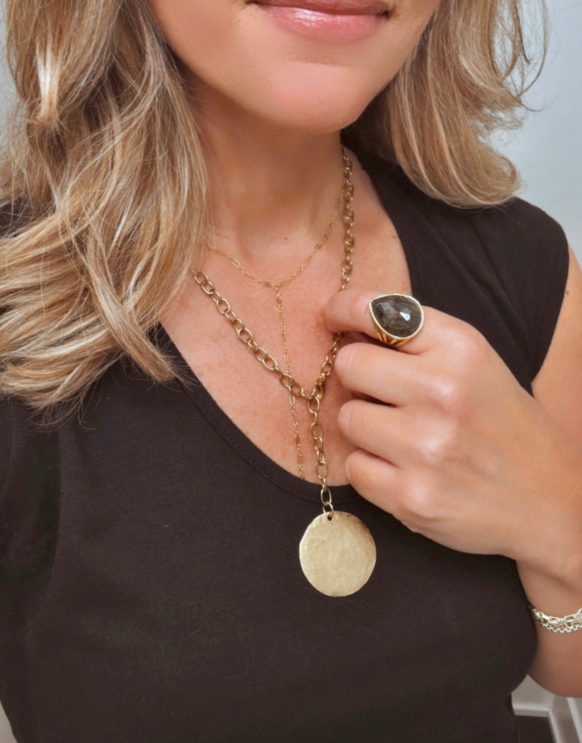 Gold Lariat Medallion Necklace - Gold Filled Paperclip Chain - Y Necklace