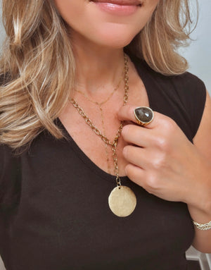 Gold Lariat Medallion Necklace - Gold Filled Paperclip Chain - Y Necklace