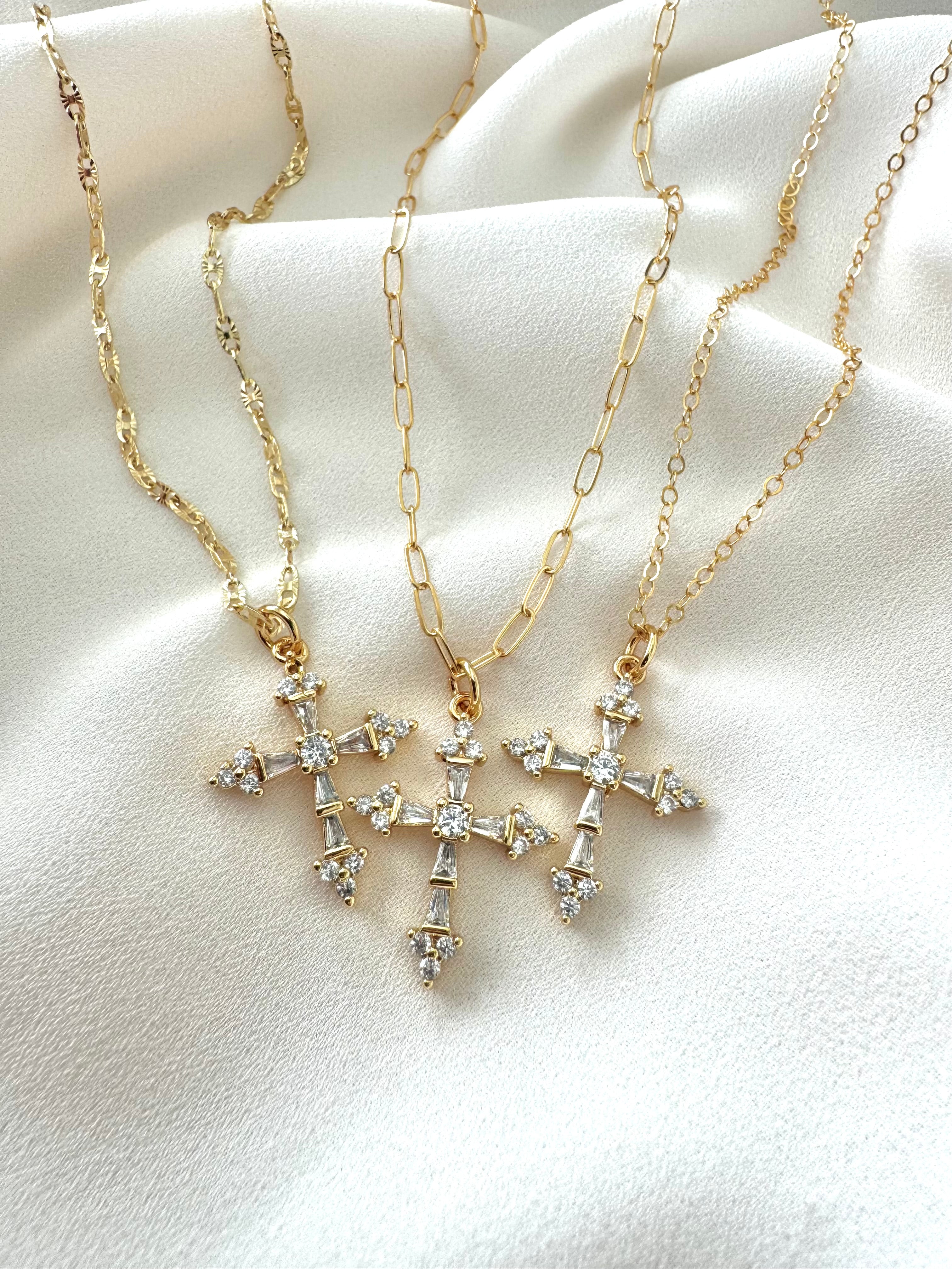Gold Filled CZ Crystal Cross Pendant Necklace