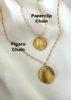 Gold Brushed Wavy Coin Necklace - Box Chain - Figaro Chain - Paperclip Chain