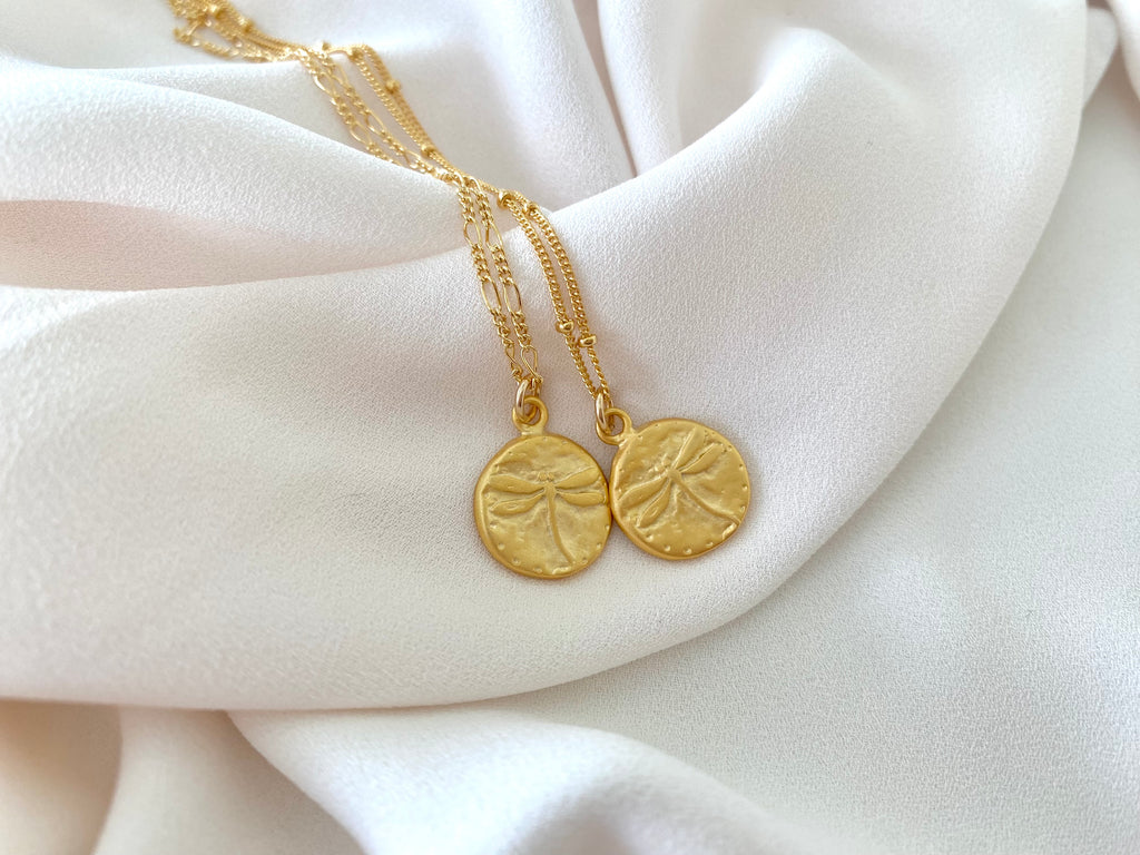 Gold Vermeil Dragonfly Coin Necklace - Gold Filled Chain - Figaro Satellite Box