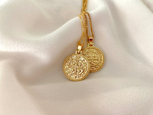 Gold Filled Coin Medallion Necklace - Cross Coin Saint Benedict Necklaces - Gold Filled Figaro Box Chain