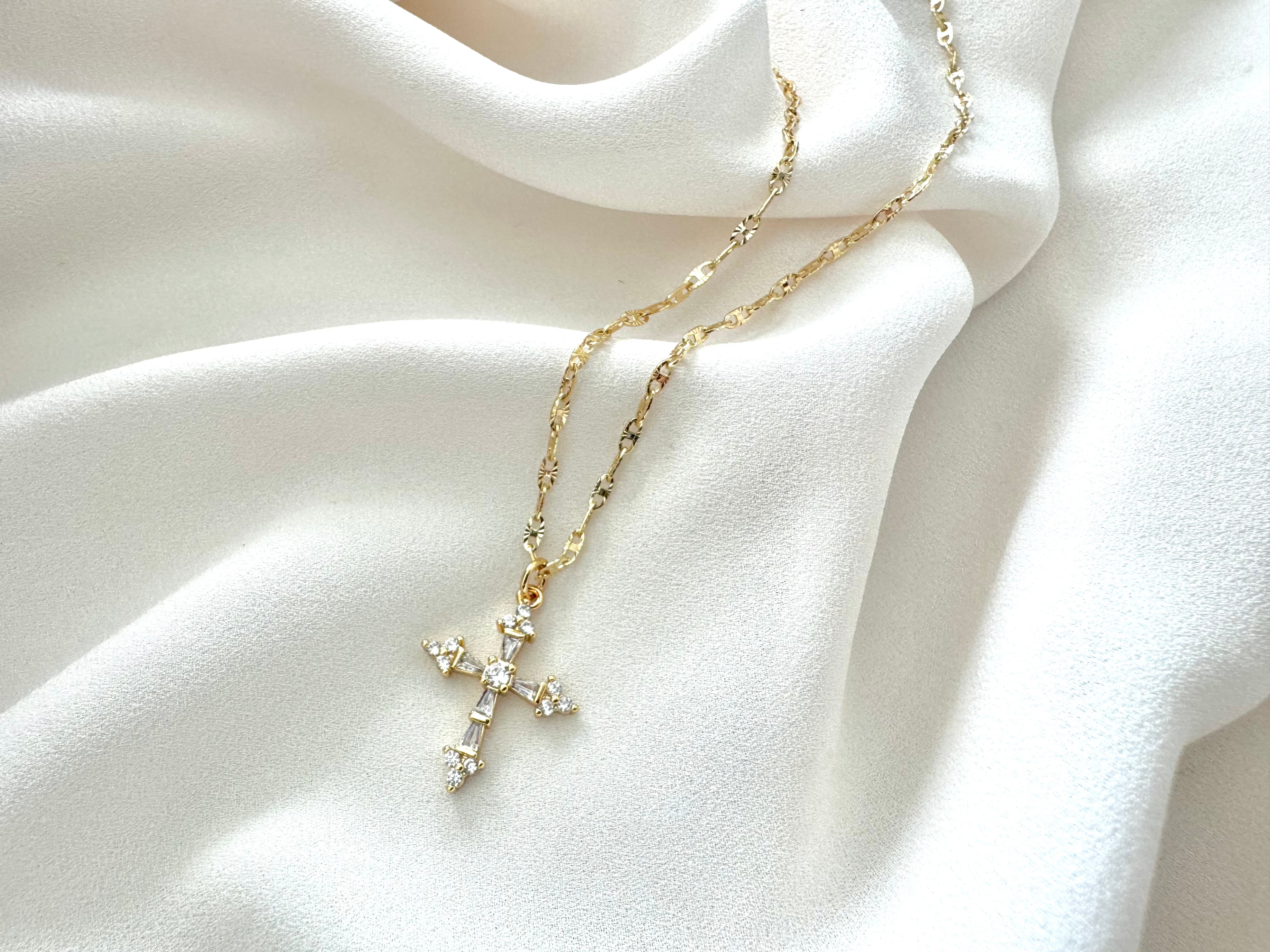 Gold Filled CZ Crystal Cross Pendant Necklace