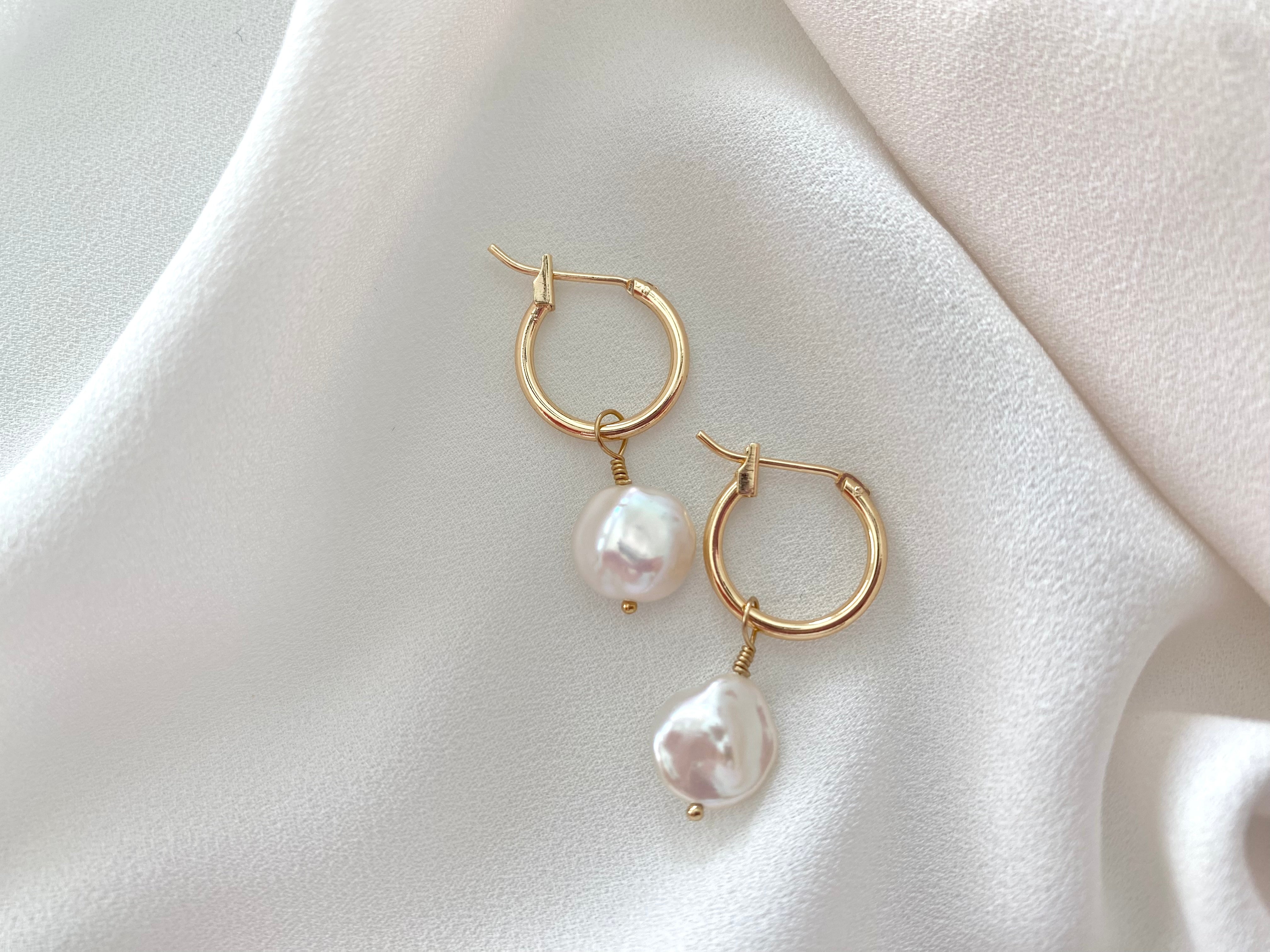 Gold Filled Hoop Earrings with Pearl Charms Dainty Gold Hoops Pearl Dangle Drop Earrings Modern Pearl Jewelry Minimalist 2 in 1 Earring Set