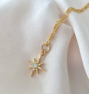 Dainty Opal Micro Pave Star Necklace - Gold Filled Figaro - Box - Satellite Chain - October Birthstone Jewelry