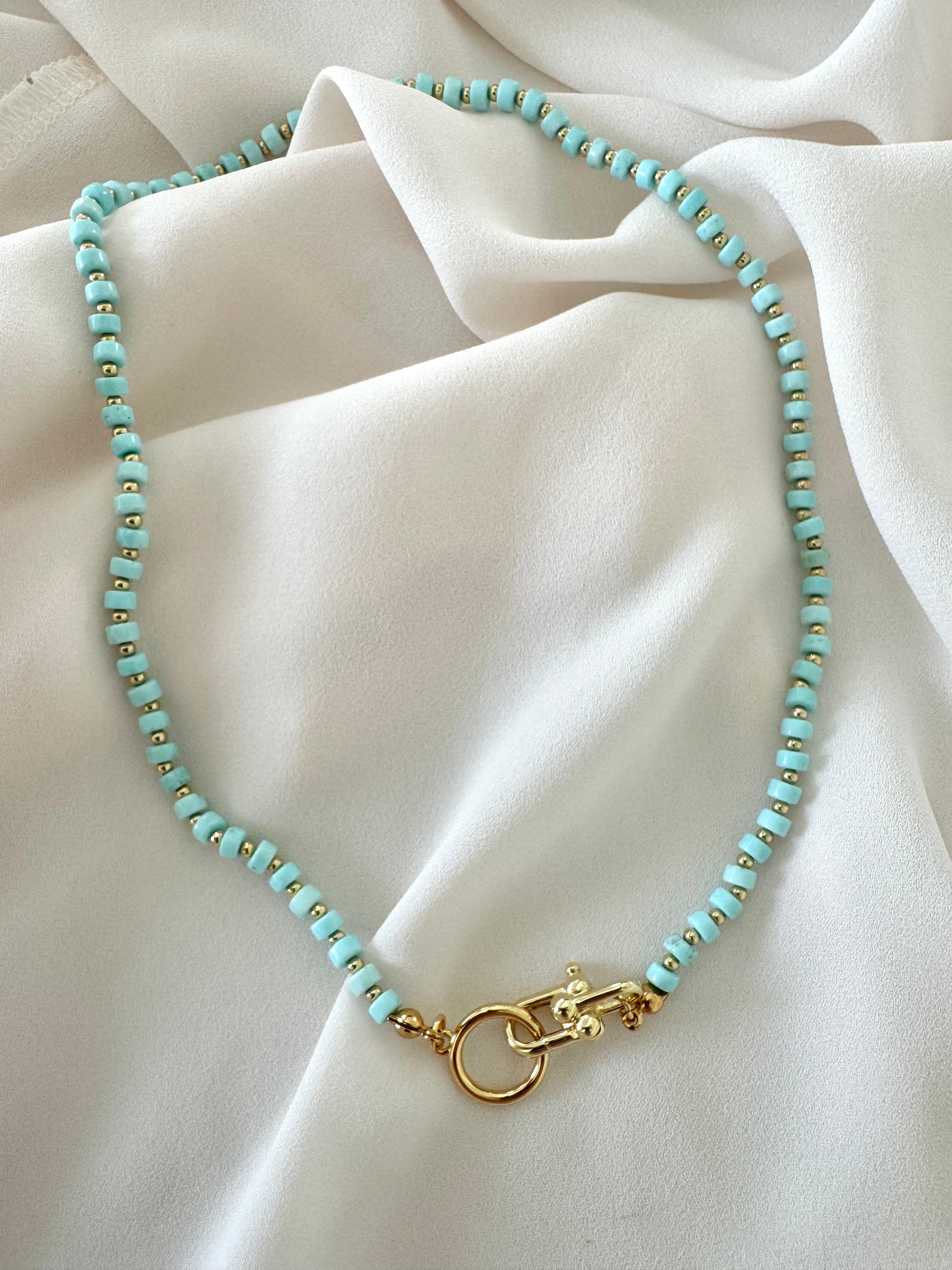 Real Beaded Turquoise Necklace with Large Gold Filled Clasp - December Birthstone