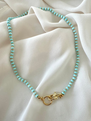 Real Beaded Turquoise Necklace with Large Gold Filled Clasp - December Birthstone
