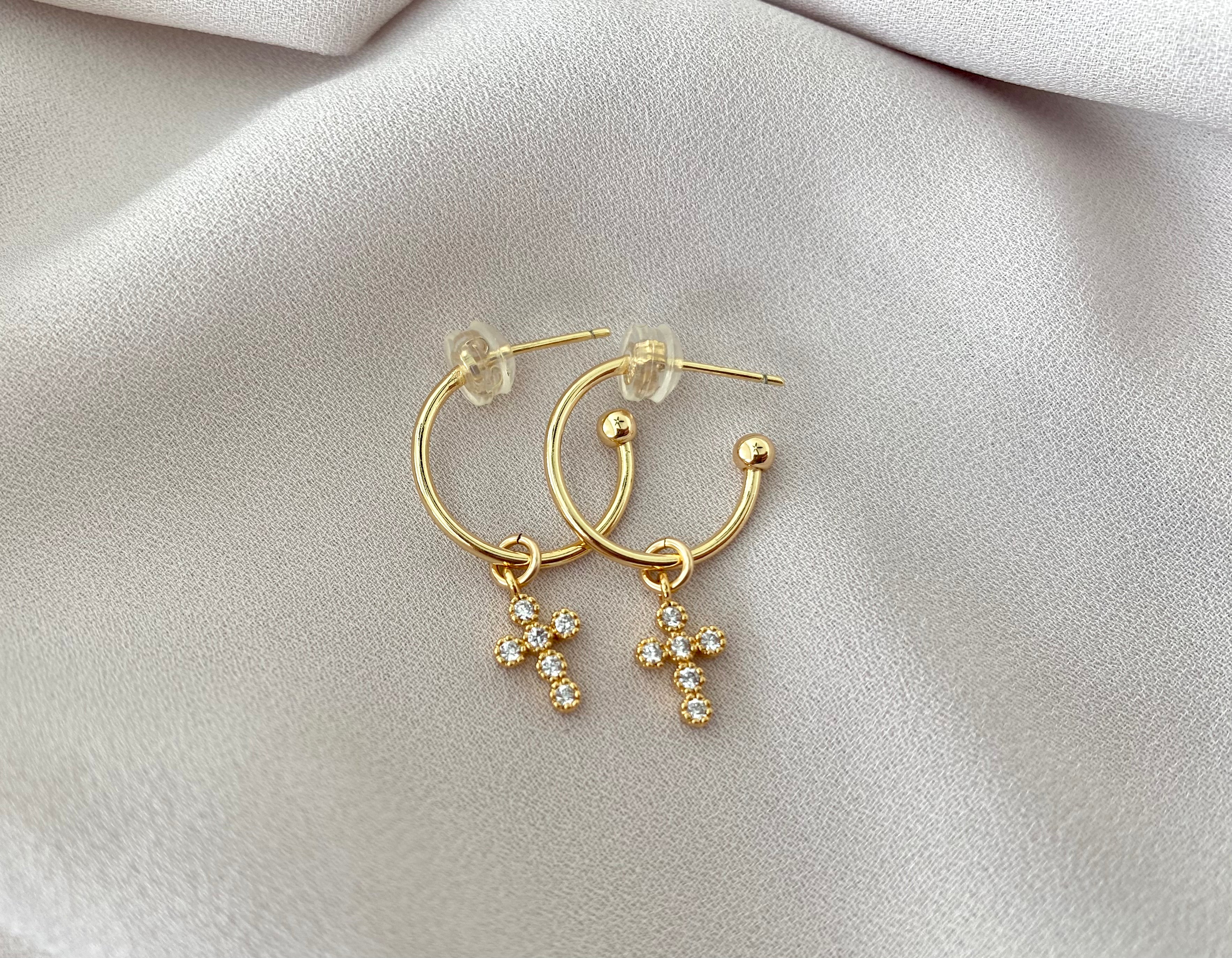 Dainty Gold Filled Cross Earrings Micro Pave Cross Hoops Minimalist Gold Hoop Earrings Cross Dangle Charm Christmas Gift Religious Jewelry