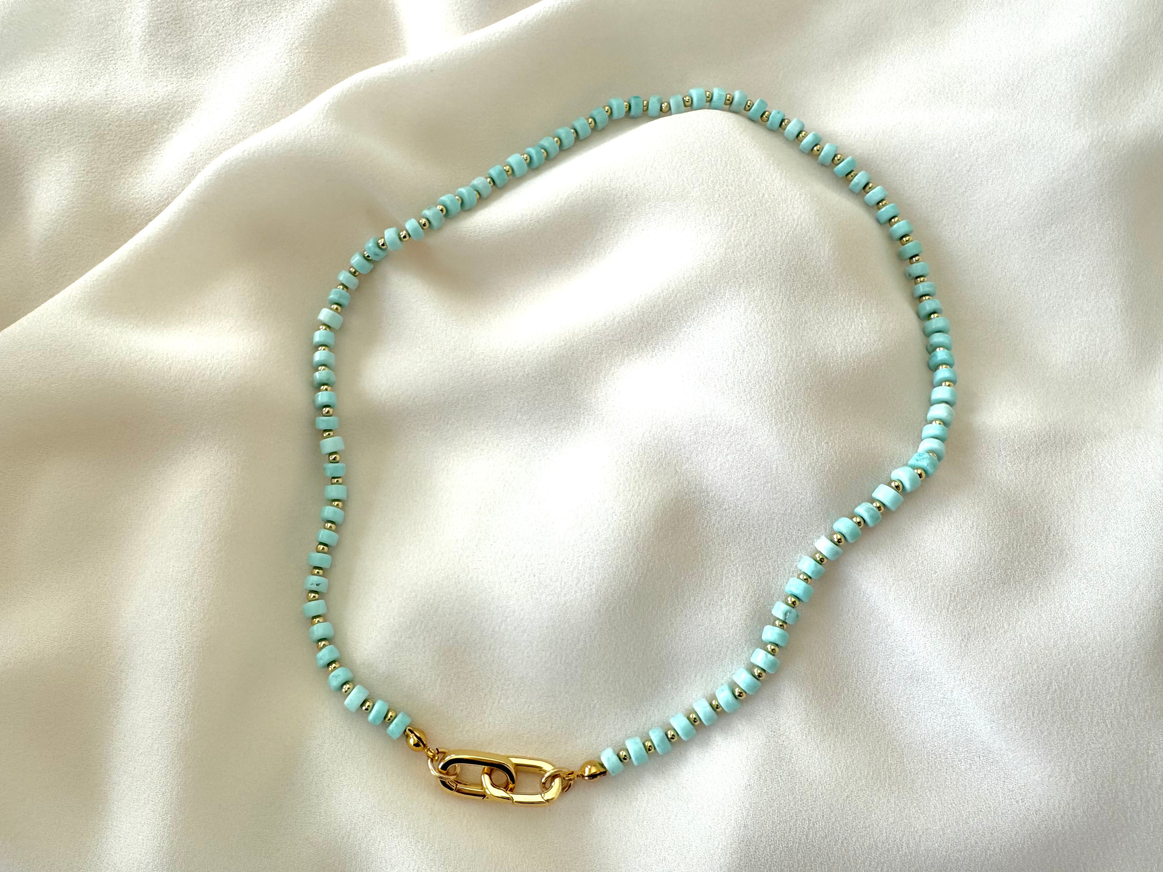 Real Beaded Turquoise Necklace with Large Gold Filled Clasp - December Birthstone