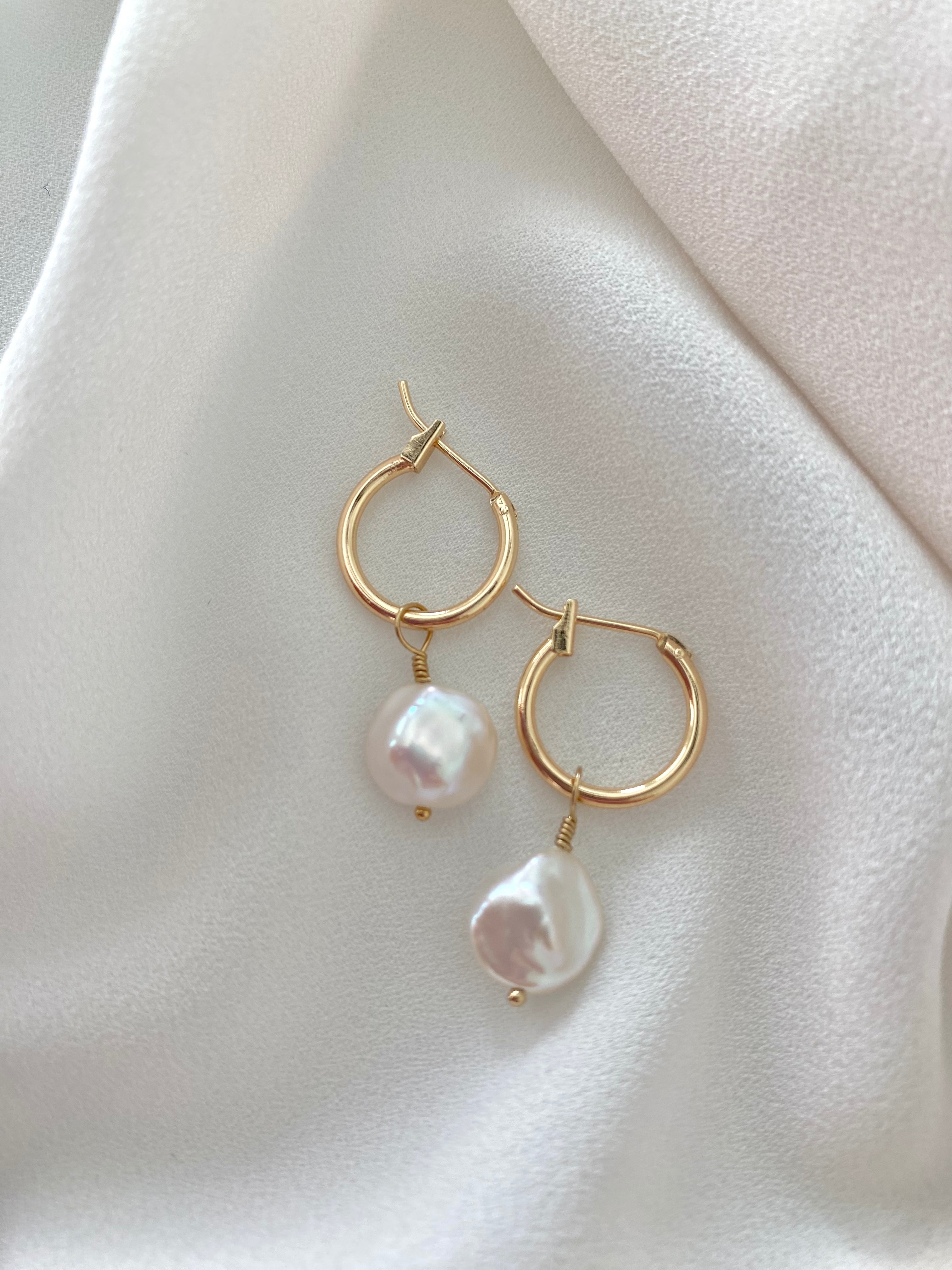 Gold Filled Hoop Earrings with Pearl Charms Dainty Gold Hoops Pearl Dangle Drop Earrings Modern Pearl Jewelry Minimalist 2 in 1 Earring Set