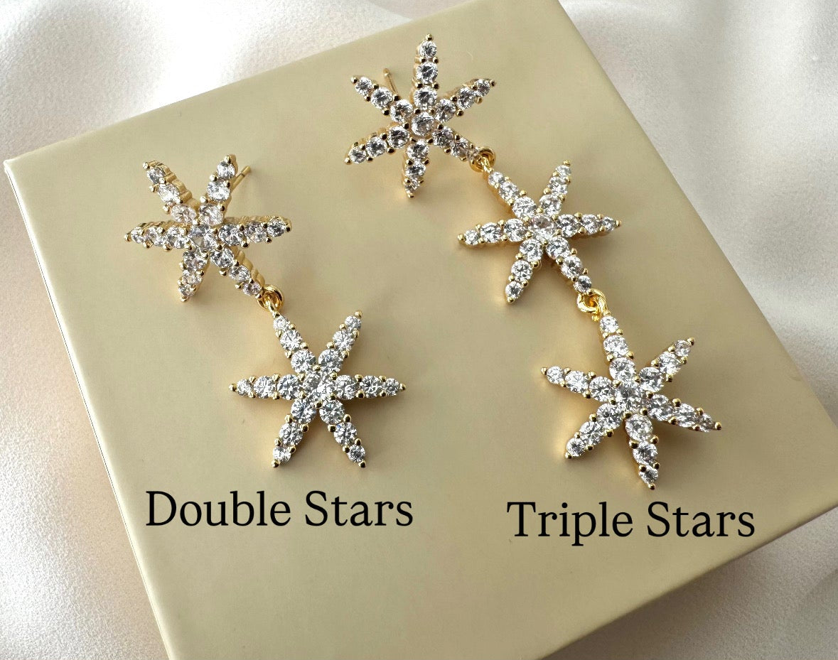 Gold Filled Micro Pave Dangle Drop Star Earrings - Cocktail Party Holiday Jewelry