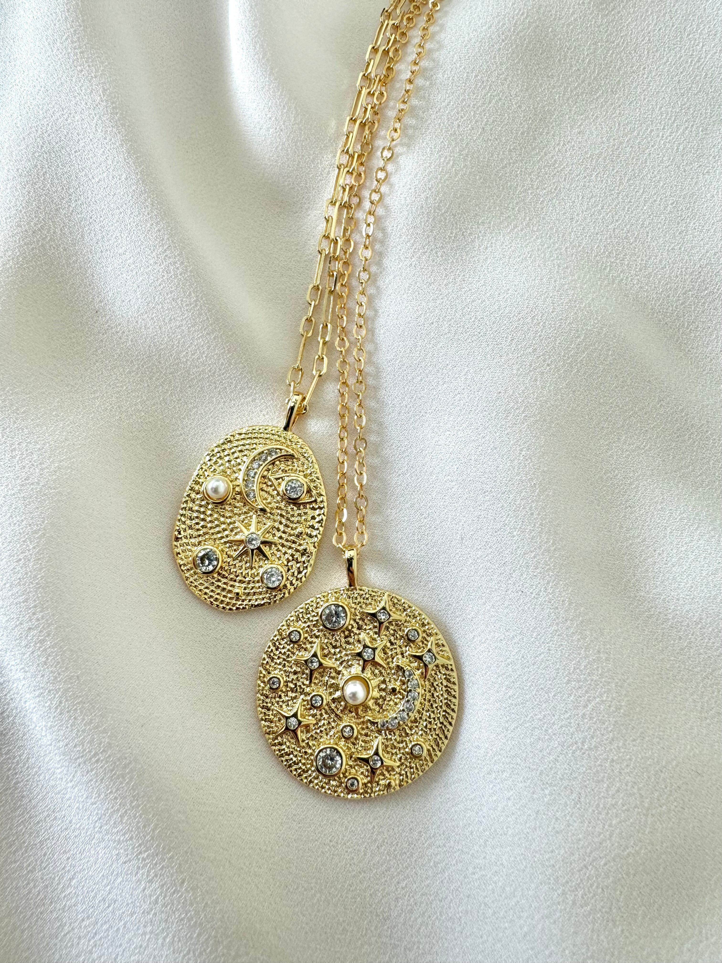 Gold Filled Sun Moon and Stars Coin Pendant Necklaces - Pearls and CZ Crystals