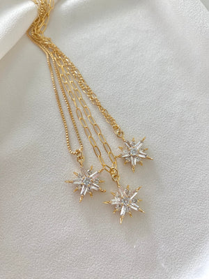 Crystal Necklace Gold Filled Baguette Pendant Necklace Starburst CZ Charm Necklace Minimalist Crystal Jewelry Christmas Gift Dainty Jewelry