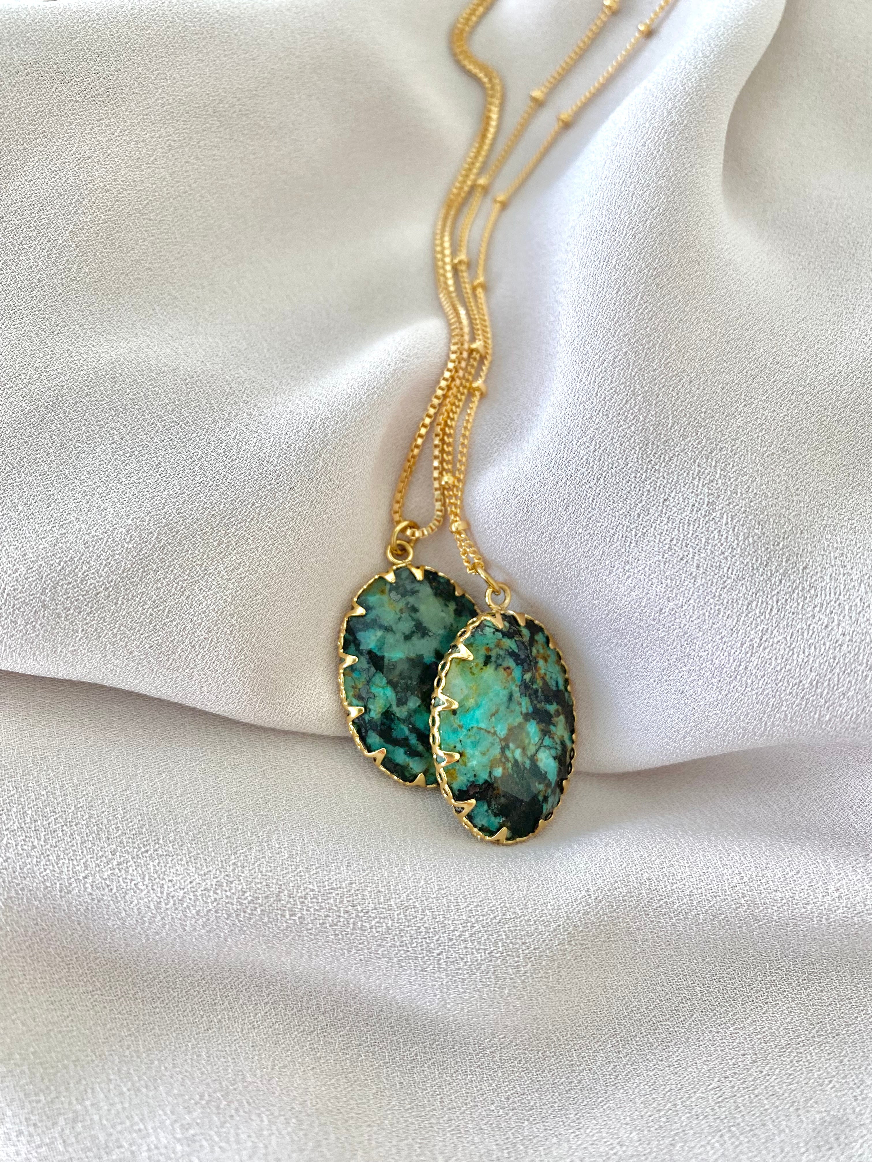 African Turquoise Gemstone Pendant Necklace - Pronged Setting - Gold Filled Chain