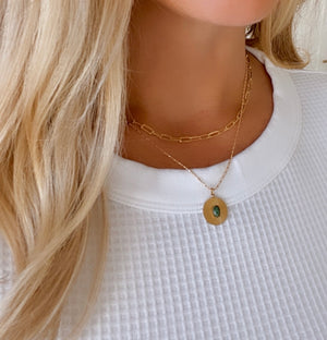 Dainty Aventurine Etched Coin Necklace - Gold Filled Stainless Steel Gemstone Jewelry
