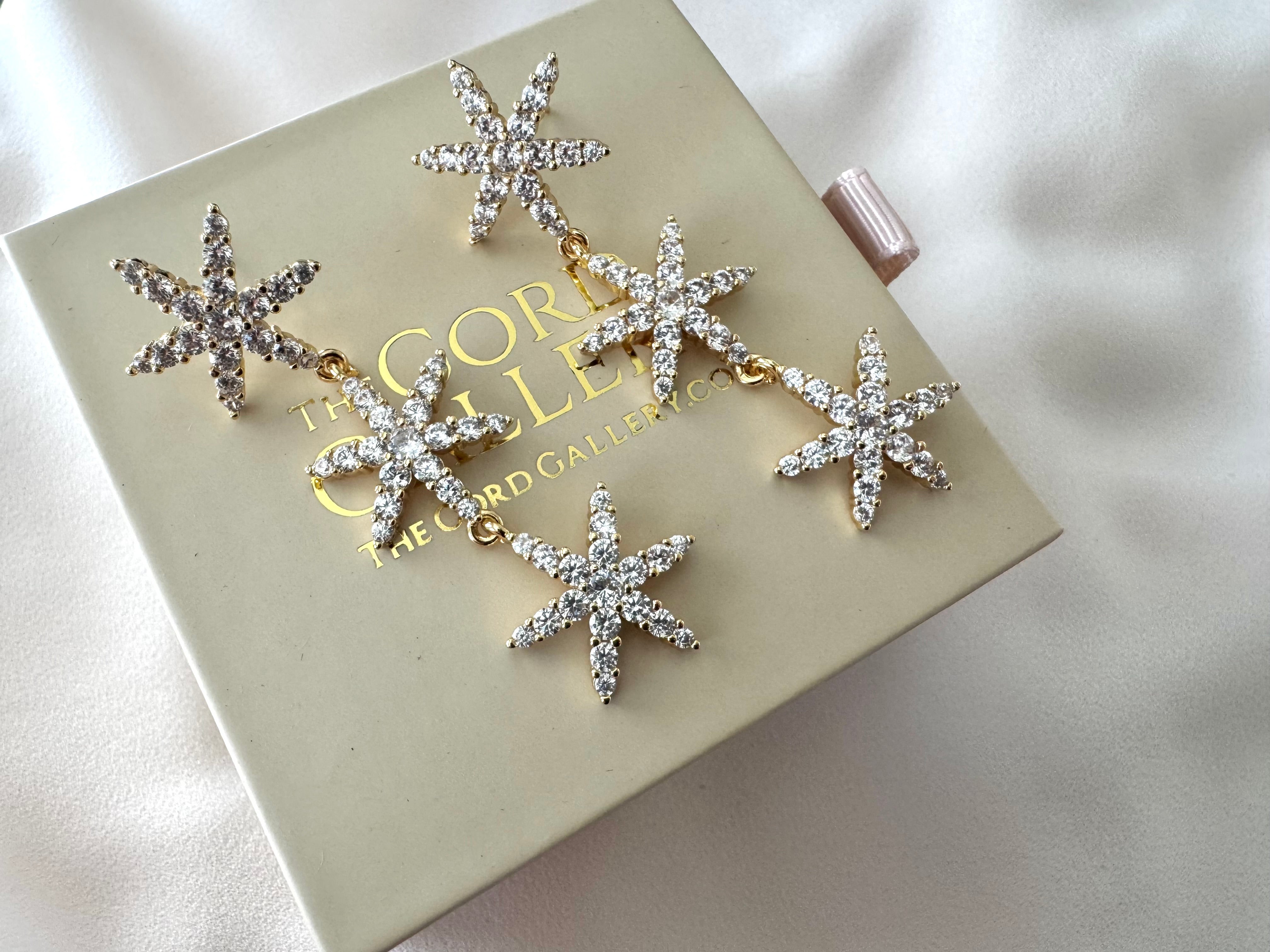 Gold Filled Micro Pave Dangle Drop Star Earrings - Cocktail Party Holiday Jewelry