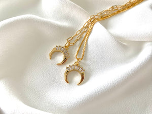 Dainty Gold Filled Crescent Moon with Crystals Pendant Necklace