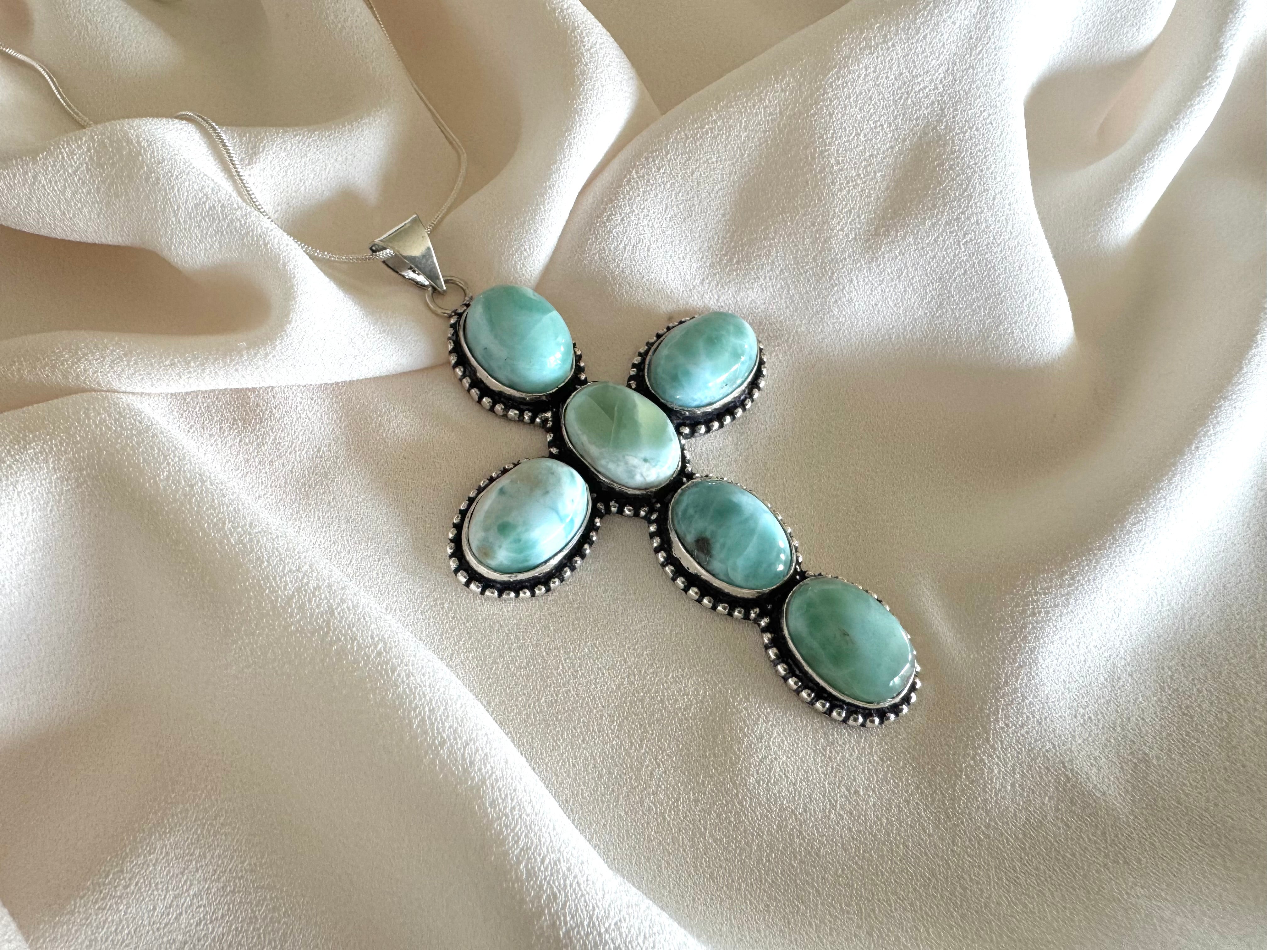 Large Larimar Cross Pendant Necklace - Sterling Silver Snake Box Link Chain - Gift Idea
