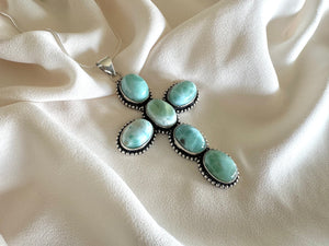 Large Larimar Cross Pendant Necklace - Sterling Silver Snake Box Link Chain - Gift Idea