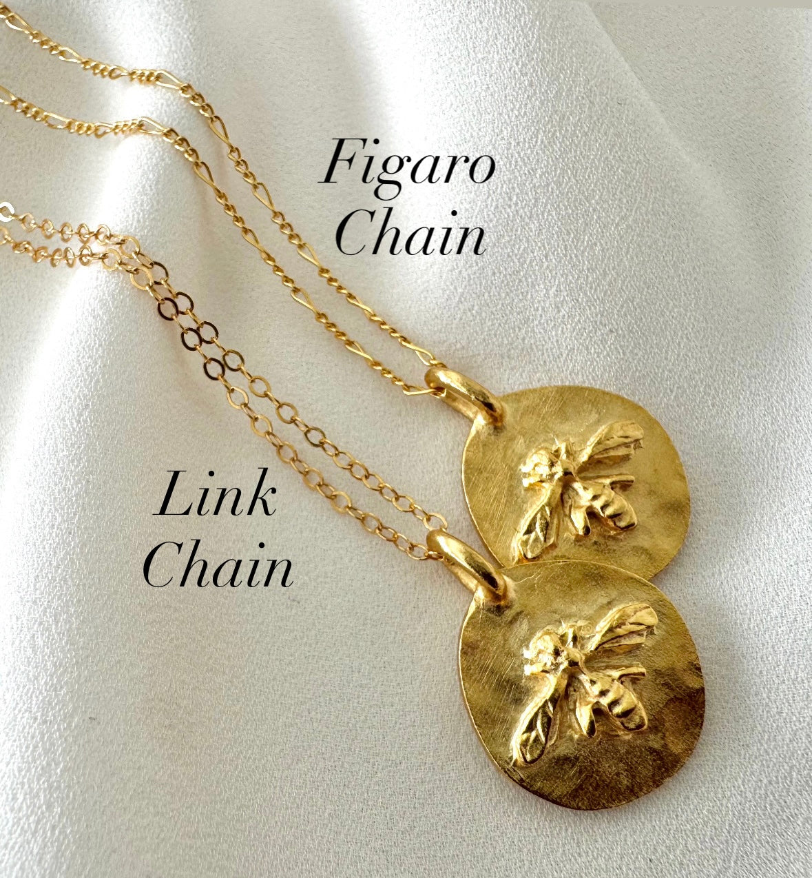Gold Honey Bee Pendant Necklace - Gold Filled Chain - Figaro Box Paperclip Sunburst