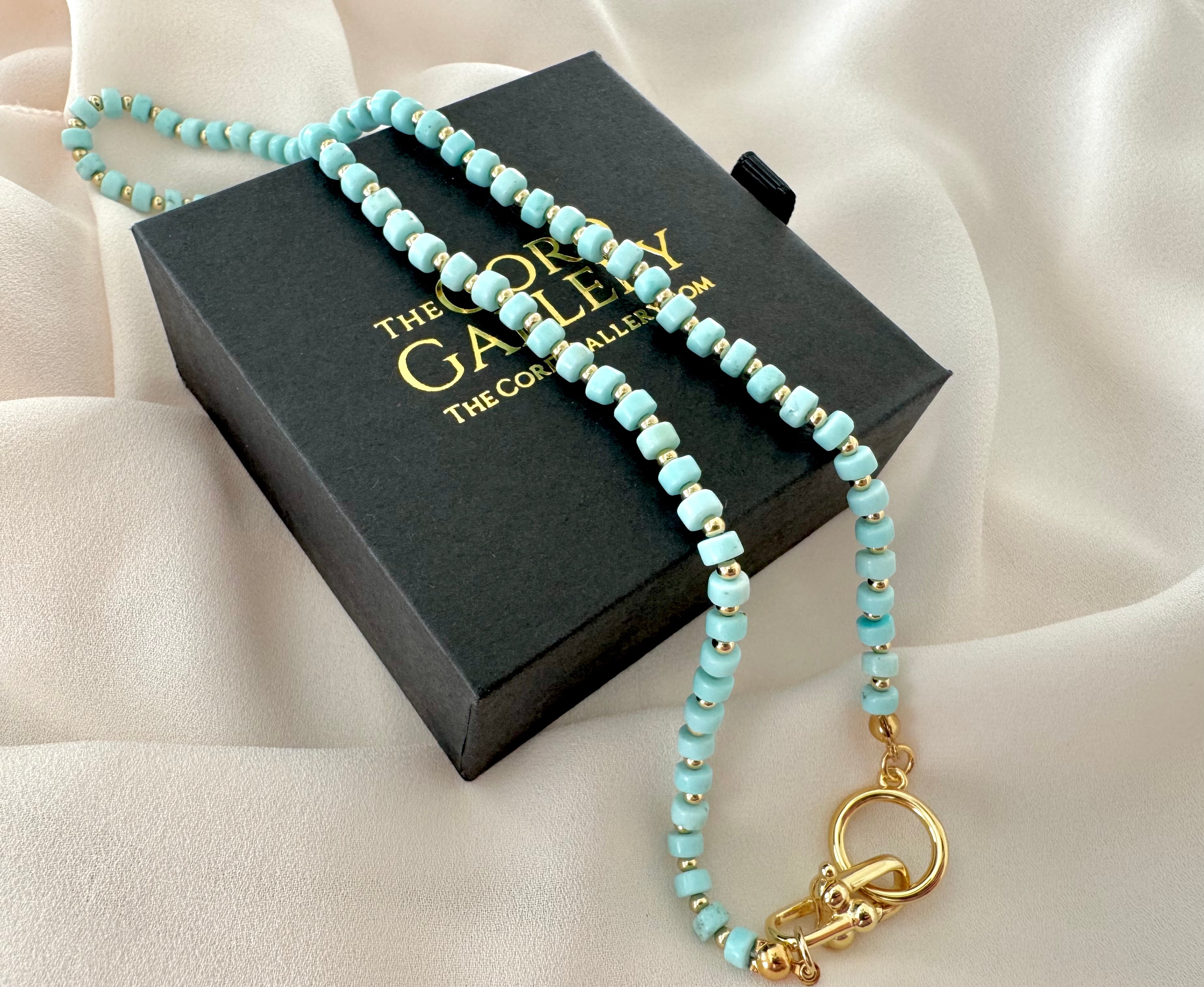 Real Beaded Turquoise Necklace with Large Gold Filled Clasp - December Birthstone