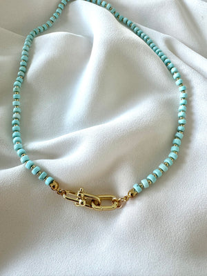 Real Beaded Turquoise Necklace with Large Gold Filled Clasp - December Birthstone