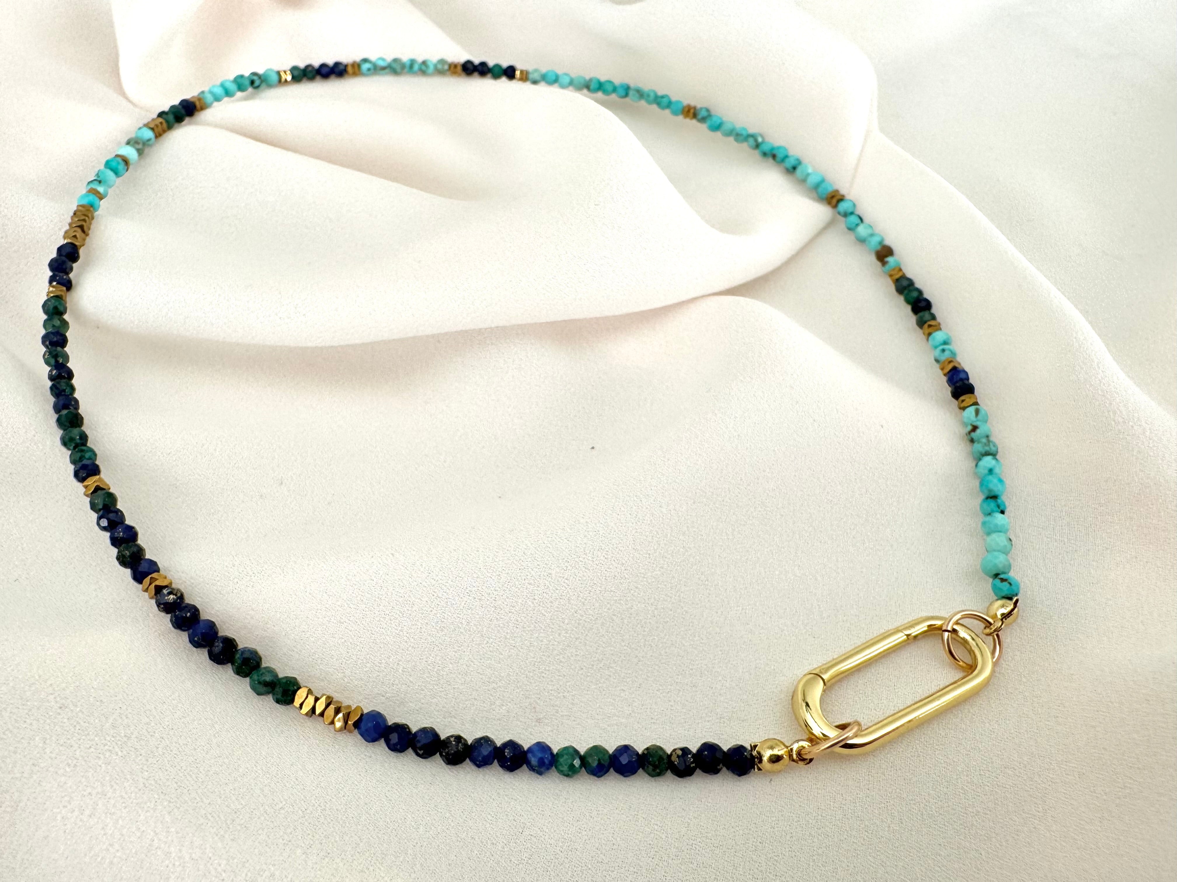 Dainty Beaded Turquoise Lapis Lazuli Malachite Necklace - Gold Filled Charm Clasp Carabiner