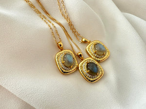 Gold Filled Oval Labradorite Pendant Square Framed Gemstone Pave Necklace Figaro Box Chain