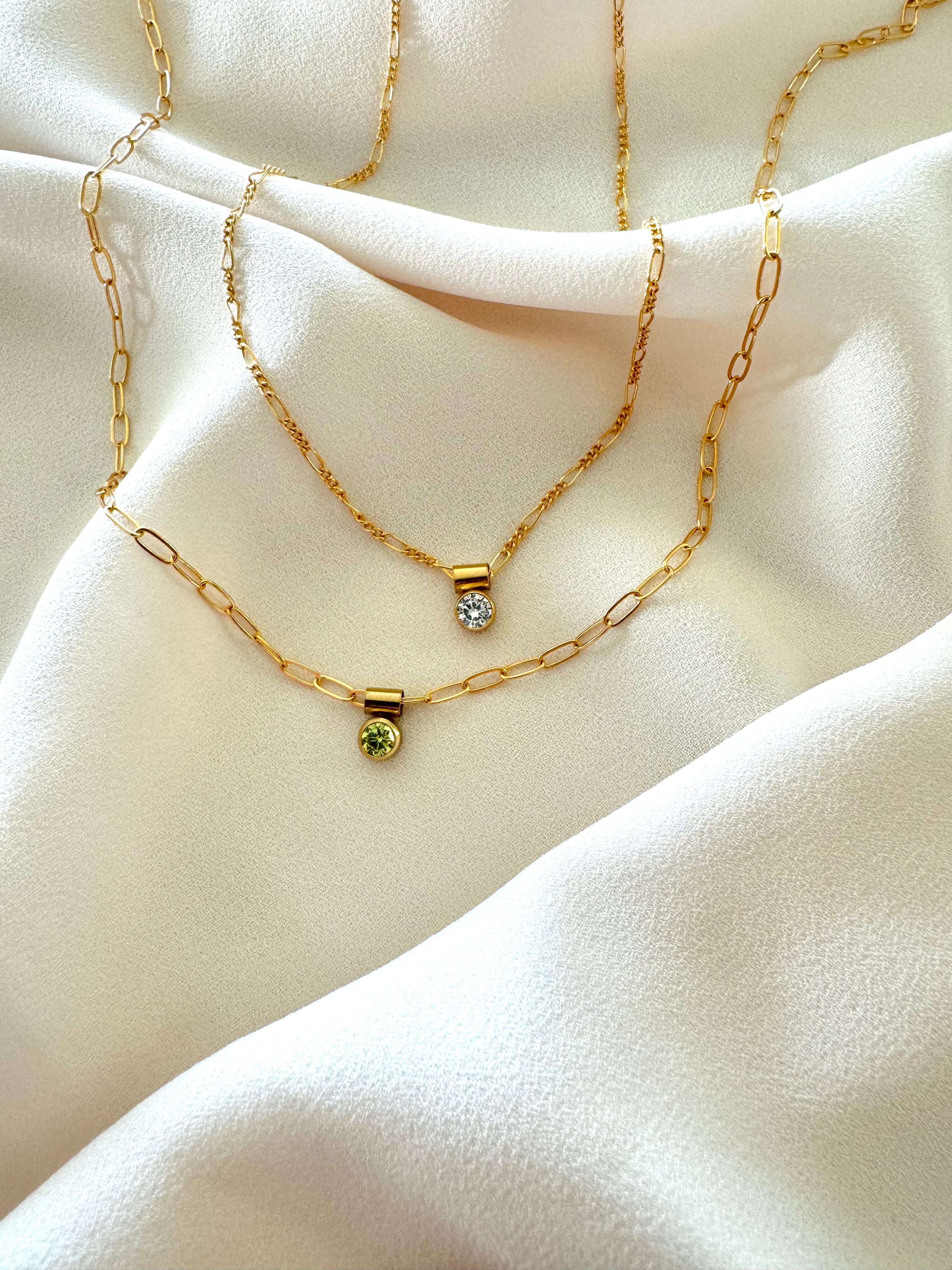 Dainty Gold Filled Birthstone Charm Necklace - Figaro Chain - Box Chain - Peridot August - Rose Quartz October - Crystal April