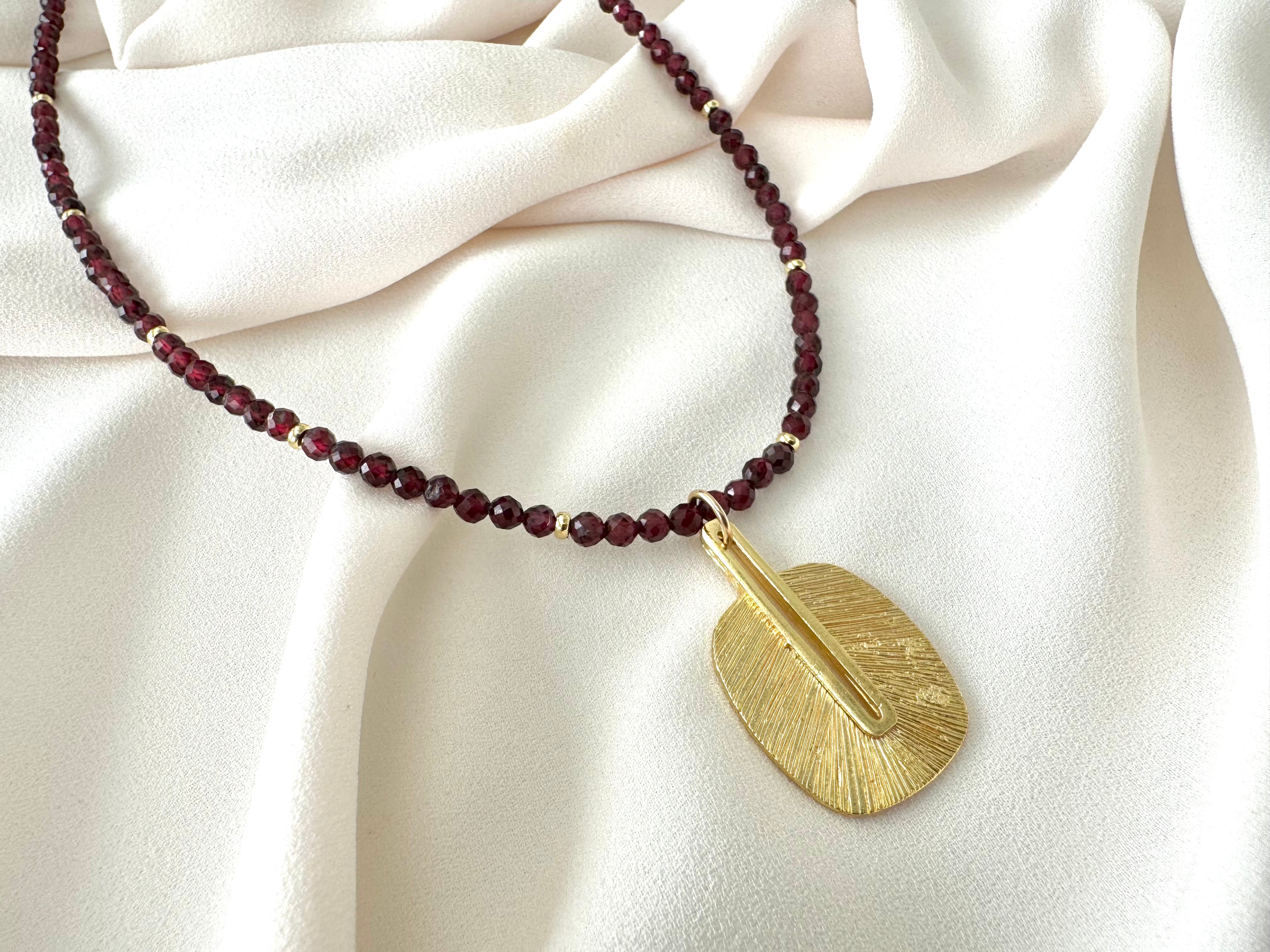 Genuine Garnet Beaded Necklace with Rustic Gold Pendant - January Birthstone