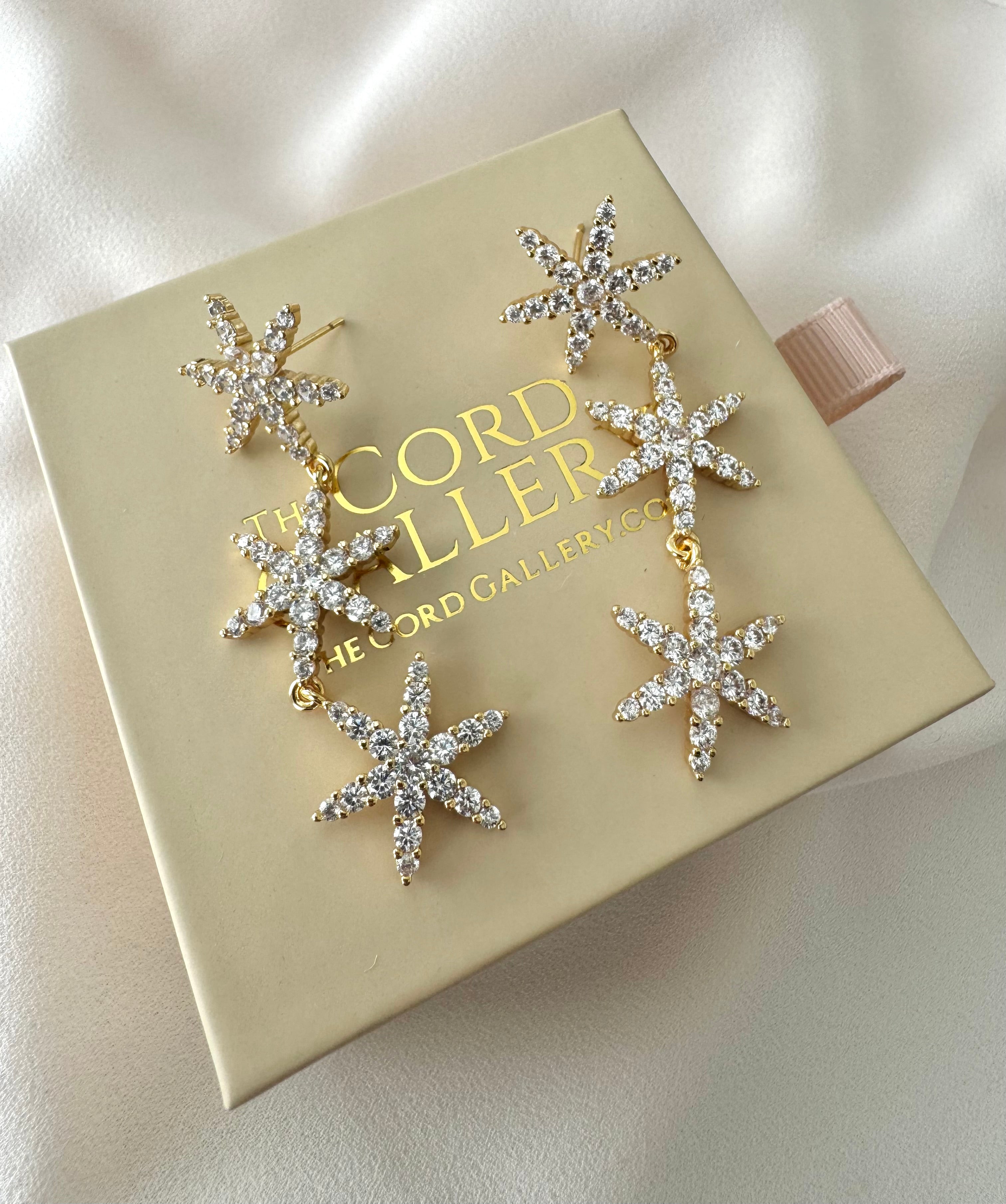 Gold Filled Micro Pave Dangle Drop Star Earrings - Cocktail Party Holiday Jewelry