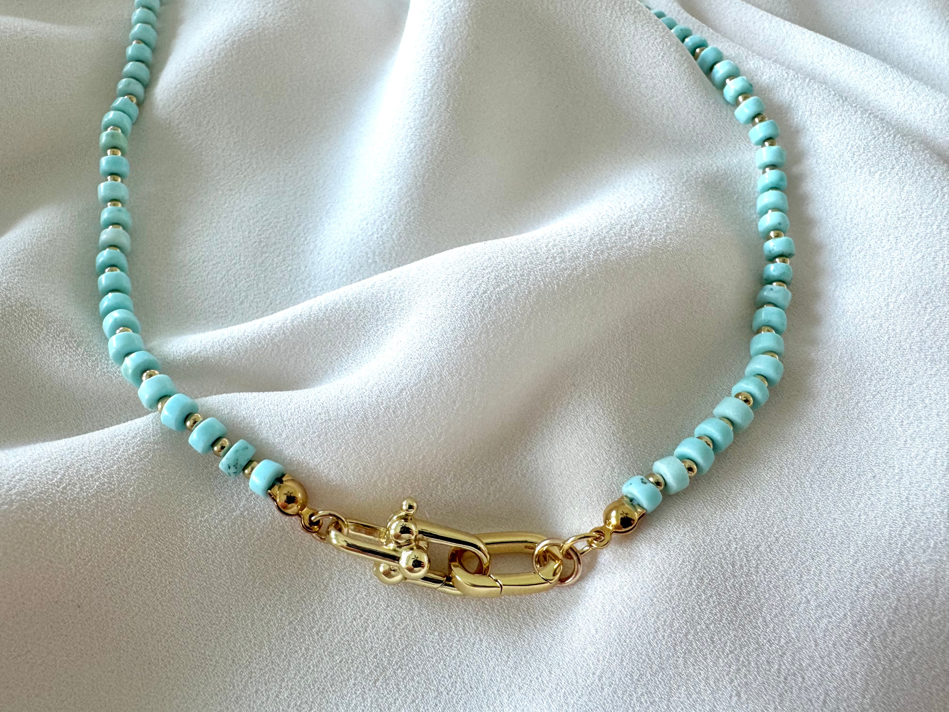 Real Beaded Turquoise Necklace with Large Gold Filled Clasp - December Birthstone