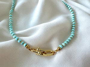 Real Beaded Turquoise Necklace with Large Gold Filled Clasp - December Birthstone